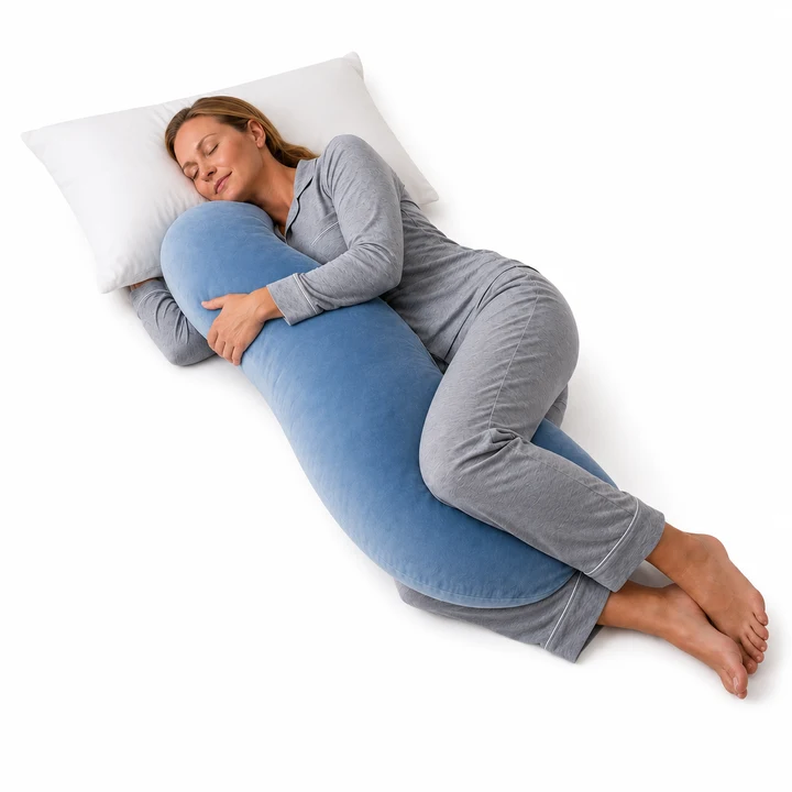 Side sleeper hugging the CoveCurve Body Align Pillow, top leg resting over it, in Mist