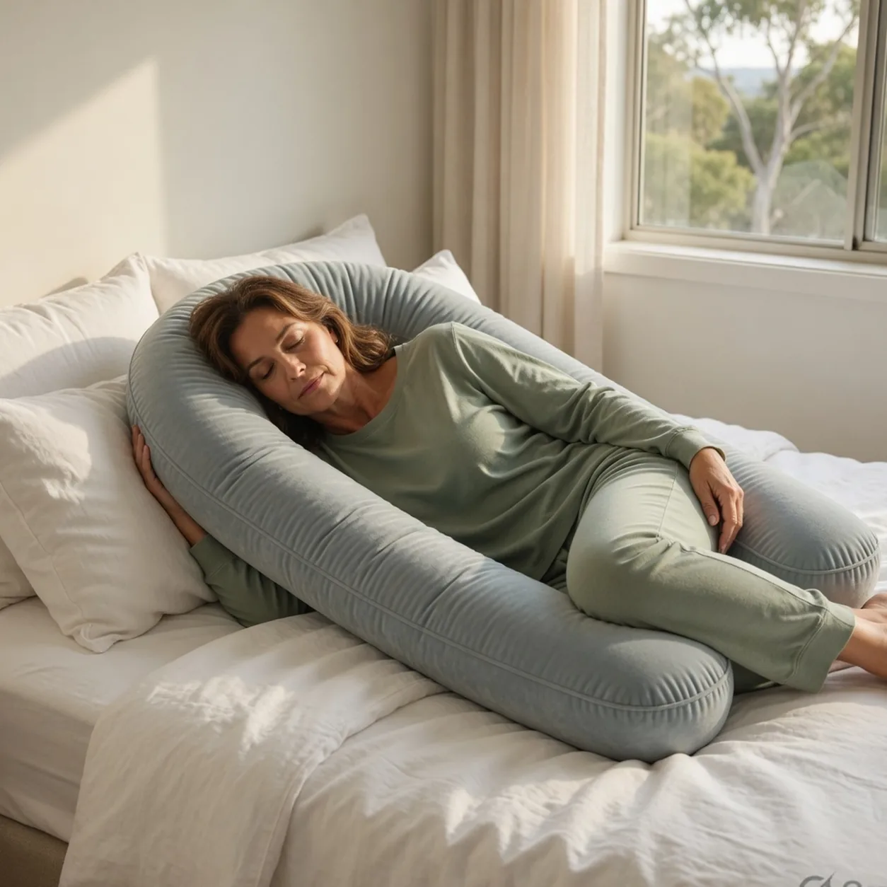 Side sleeper lying inside CoveLoop — back arm, front arm and stacked knees