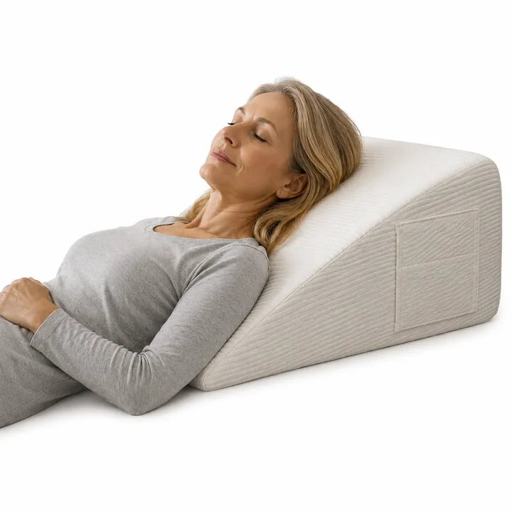 Woman resting with her head and chest elevated on the CoveWedge Incline Sleep Pillow in Mist