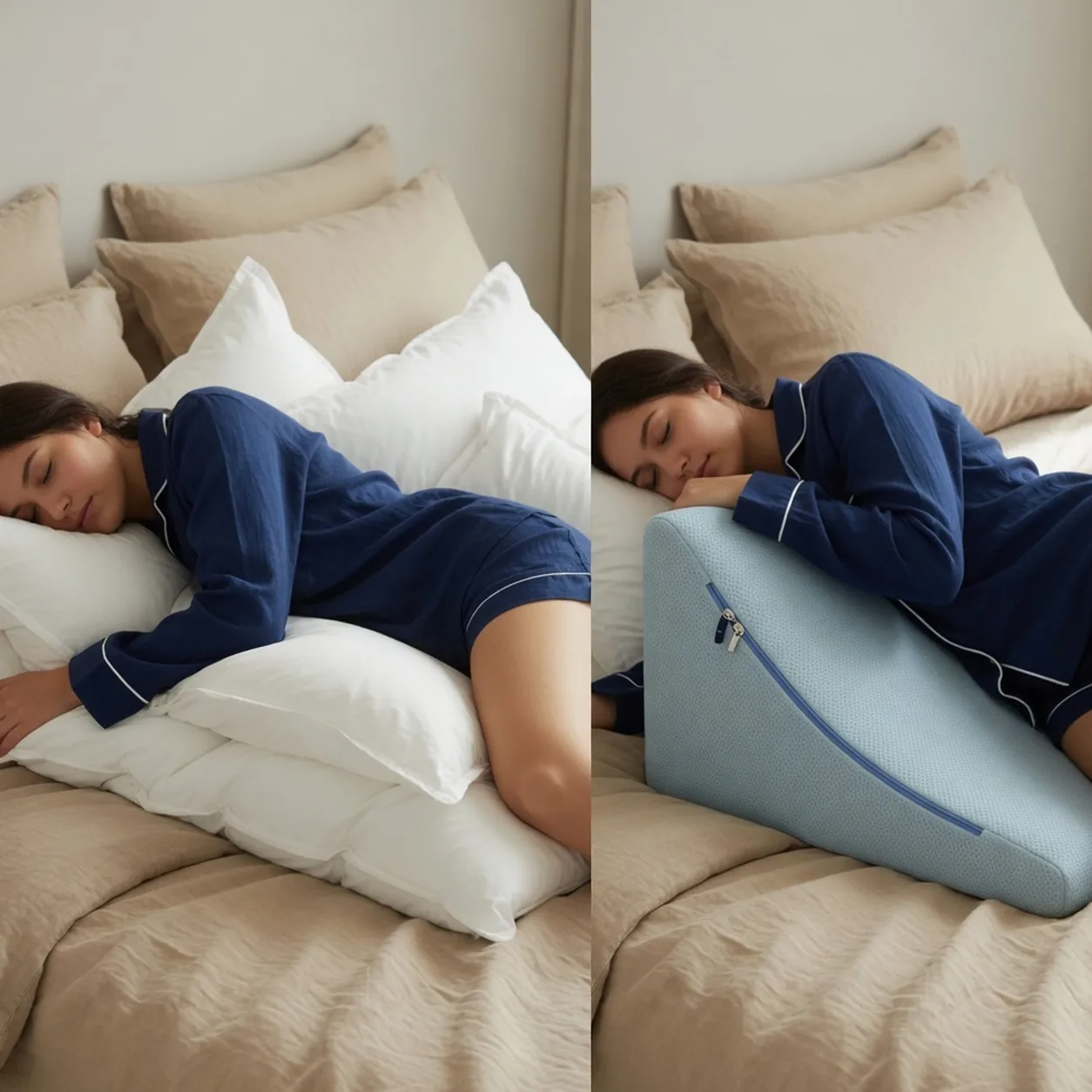 A stack of bed pillows collapsing versus CoveWedge holding the incline